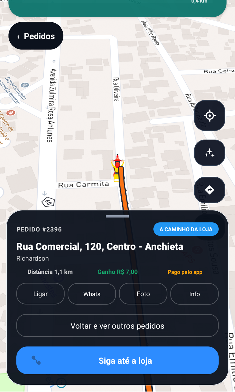 Fila de pedidos do Anchieta Entregador com endereço, valor da corrida e o botão para iniciar a rota